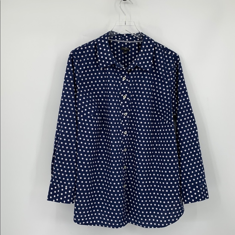 Talbots button front top shirt blouse cotton navy blue white polka dot women 2X